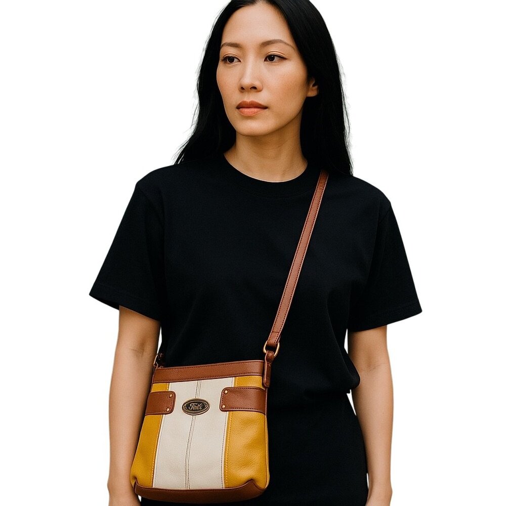 Bolo Crossbody Bag Yellow & Brown Faux Leather Zipper Pocket & Adjustable Strap